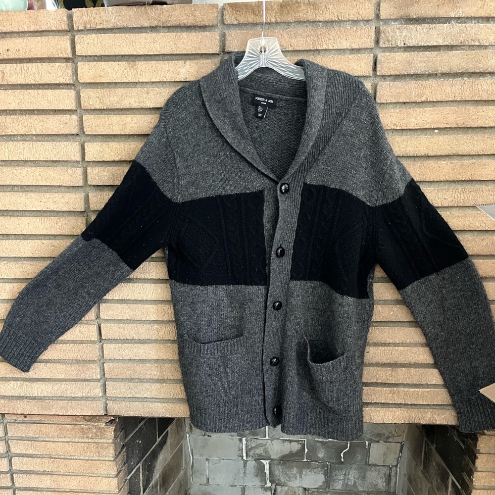 Porter & Ash Men's Gray and Black Shawl Collar Cardigan Lambswool Size L